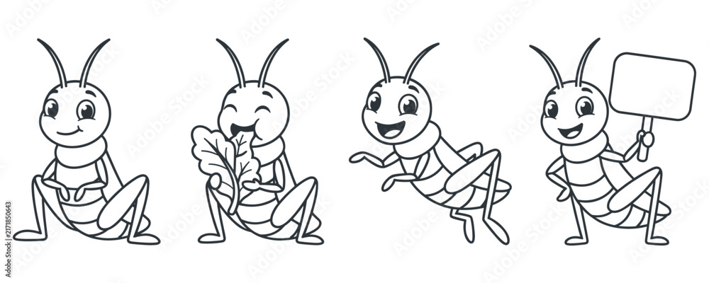 Fototapeta premium Happy grasshopper mascot set with various poses and activities.