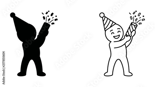Cuadro en lienzo Celebration Duo: A joyous figure in a party hat unleashes confetti from a popper, mirrored by a silhouette in a graphic celebration