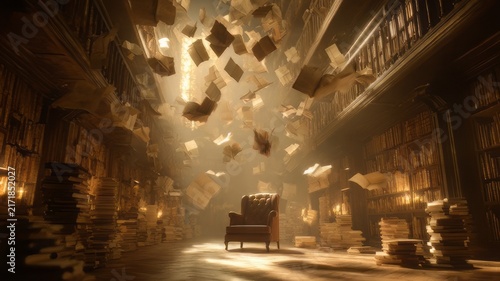 Magical flying books in a vintage library, mystical old study with floating pages, cinematic dark academia aesthetic with warm light
