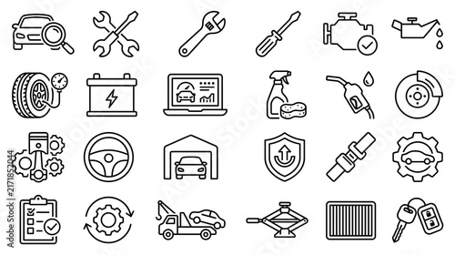 Car repair and auto service line icons for vehicle maintenance.