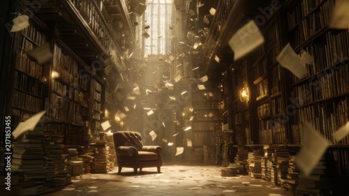 Vintage library with flying papers, mystical dark academia study room, cinematic old bookstore with golden sunlight and floating pages