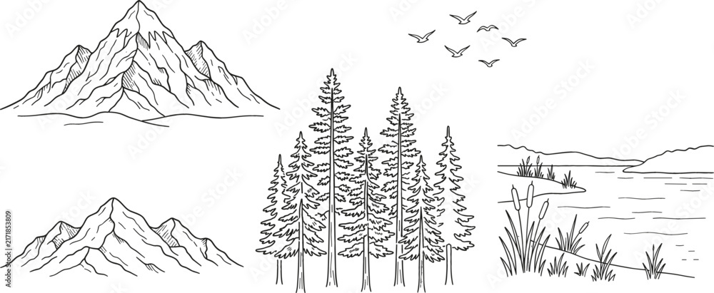 Obraz premium Mountain vector illustration set with pine trees lake river shore flying birds wilderness landscape icons isolated on white background