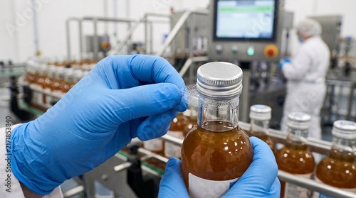 Close-up of a food plant inspector wearing blue gloves checking the tamper-evident shrink plastic seal on a glass bottle along an automated packaging line.