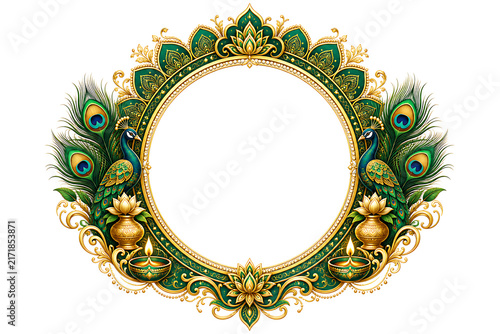 Ornate Green And Gold Circular Frame Flanked By Royal Peacocks Lotus Kalash Pots Oil Diya Lamps Isolated Clean White Background For Festive Templates