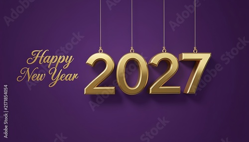 Happy New Year 2027 background with hanging metallic golden numbers and text on purple backdrop, created with generative ai.