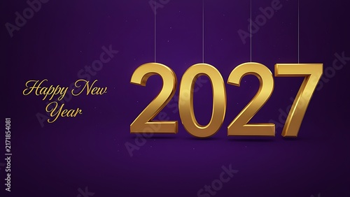 Minimalist Happy New Year 2027 banner featuring golden 3D numbers hanging over dark purple background, created with generative ai.
