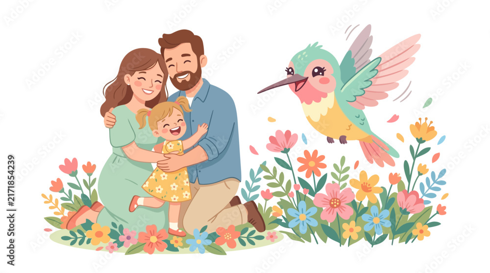 Fototapeta premium Happy family bonding in a blooming garden with a cute hummingbird illustration