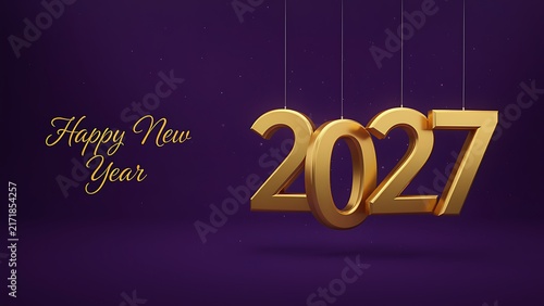 Dynamic side perspective of hanging golden 2027 numbers with Happy New Year text on purple background, created with generative ai.