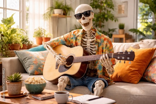 Funny skeleton wearing sunglasses playing acoustic guitar on a sofa in a bright living room