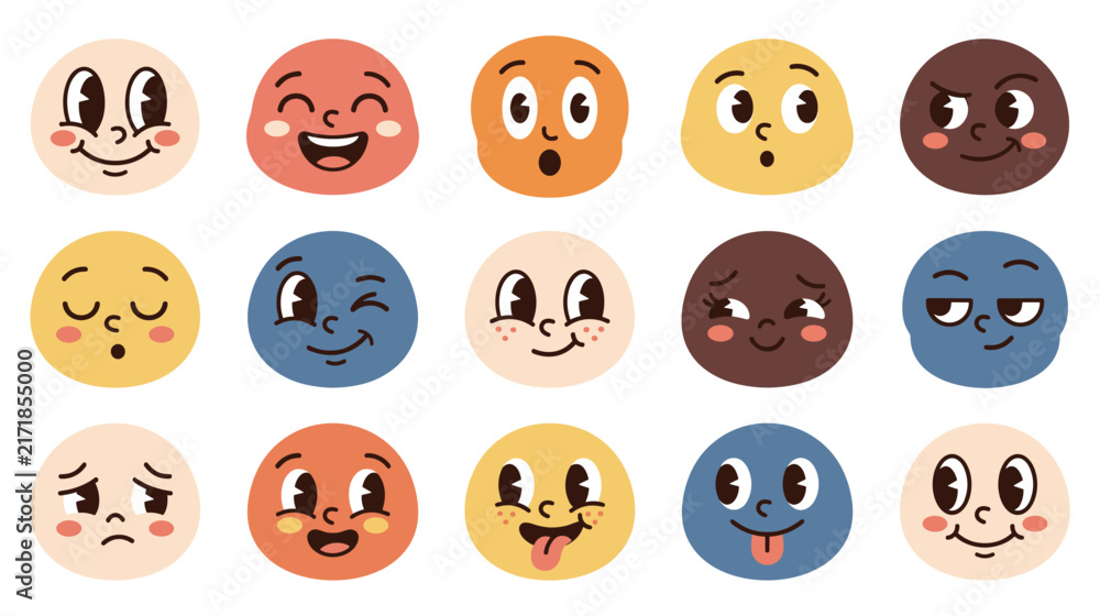 Fototapeta premium Set of colorful cartoon faces with different emotions for children.