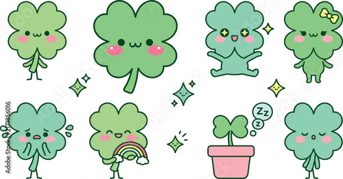 Canvas Print Cute four leaf clover character sticker set with funny cartoon shamrock emoji ex