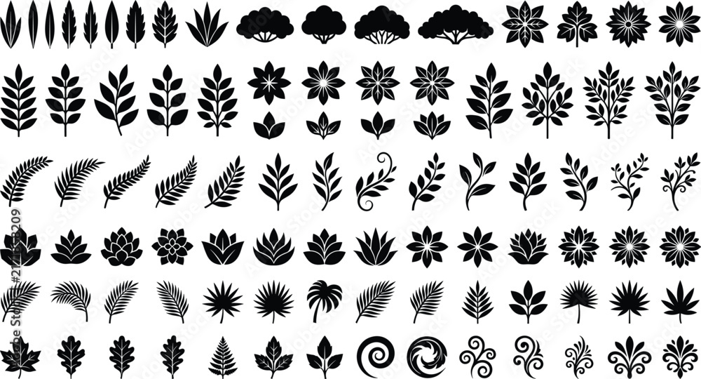 Obraz premium Set of black plant silhouettes, leaves, flowers, trees, and floral design elements vector collection