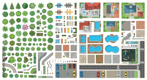 Aerial view vector elements of buildings trees and roads on a white background