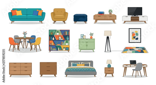 Collection of furniture items in a colorful vector illustration style