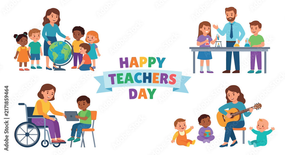 Fototapeta premium Teachers and students learning together a colorful vector illustration