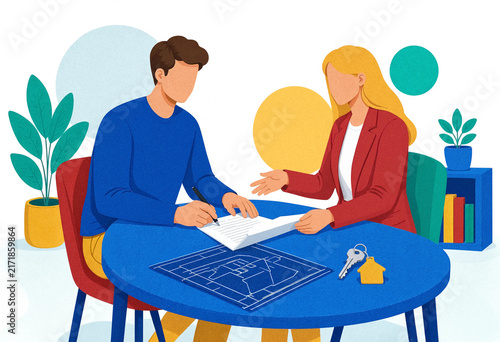 Two architects discuss blueprints and house keys at a bright round table, with architectural plans, books, plants, and colorful abstract shapes in the background.