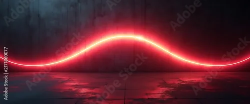Panel kuchenny z motywem Curved bright red neon light line over industrial concrete wall and wet floor, futuristic abstract glowing design for entertainment.