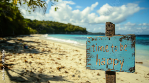 Happiness wooden sign with a beach on background