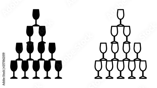 Champagne Glass Pyramid: Two pyramids constructed of champagne glasses, one solid black silhouette and the other a white outline, symbolize celebration and festive occasions.