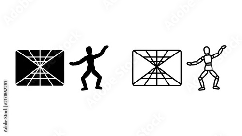 Conceptual Visionary: A graphic representation of human figures interacting with abstract geometric perspectives, symbolizing innovation, foresight, and the exploration of ideas.