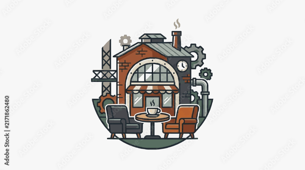Fototapeta premium Clean of Cozy Caf with Industrial Themed and Gear Elements with high quality professional line art symbols for modern creative design and digital branding projects