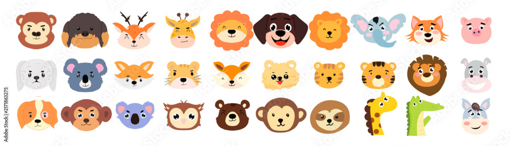 Fototapeta premium Diverse Collection of Cute Cartoon Animal Head Vector Illustrations for Kids and School Projects