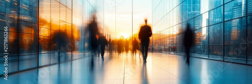 blurred image of people walking in a modern office building with large glass windows