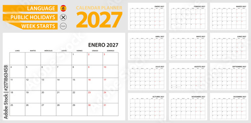 Spanish calendar planner for 2027. Spanish language, week starts from Monday.