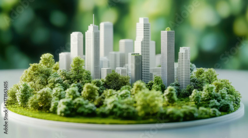 miniature cityscape showcases tall, white buildings  vibrant greenery with nature