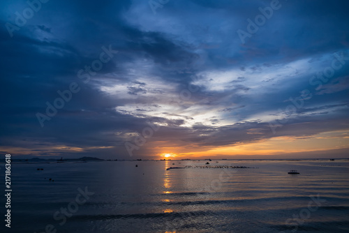 Ocean Sunset Serenity: A breathtaking sunset paints the sky in hues of orange and yellow over a calm ocean, with gentle waves lapping at the shore.
