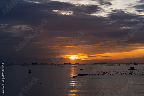 Golden Hour Serenity: A tranquil seascape unfolds under a dramatic sky as the sun dips below the horizon, casting a warm, golden hue across the calm waters dotted with distant ships and small boats.