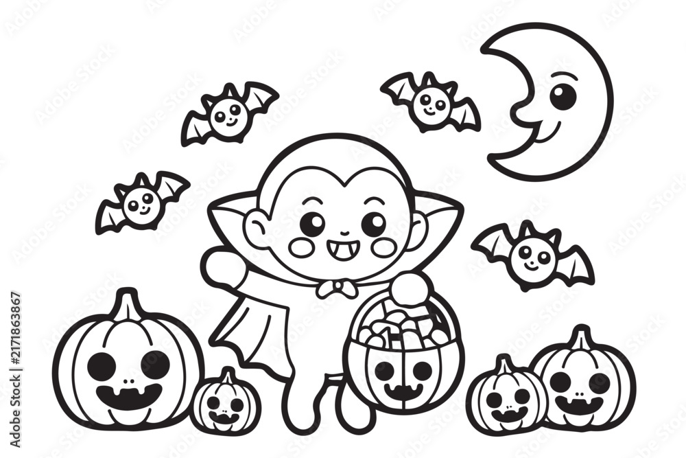 Fototapeta premium Cute Halloween Vampire Character Line Art Vector Design Isolated on White Background