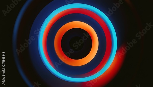 Abstract neon target composition featuring vibrant cyan blue red and orange glowing concentric circles on black background, created with generative ai.