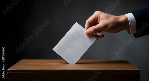 Person in suit inserting a ballot into a wooden box during election day