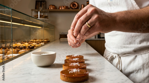 Pastry chef wearing gloves sprinkling sea salt on freshly baked caramel tarts