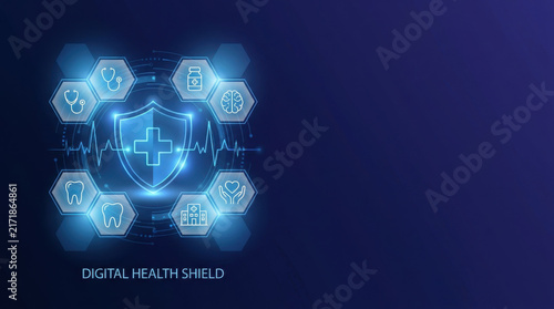 Glowing medical shield with a heartbeat ECG line and orbiting digital healthcare technology icons.