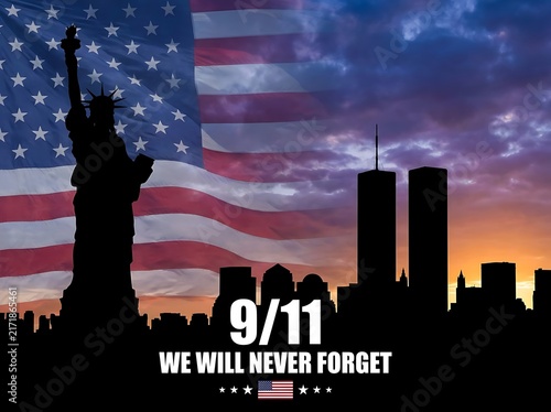American flag waving with silhouette of Statue of Liberty and twin towers symbolizing remembrance on 9/11 with text we will never forget.