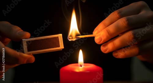 Person lighting a red candle with a burning wooden match in the dark