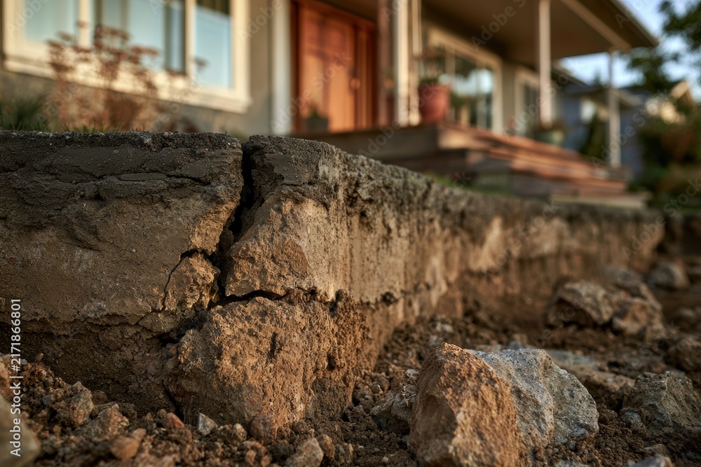 Fototapeta premium Cracked soil and exposed ground showing damage near a residential home foundation