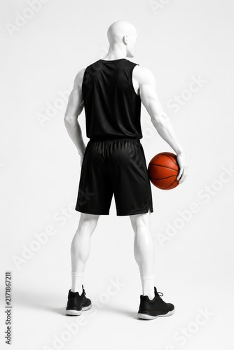 Basketball Player Mannequin in Black Sportswear with Ball, Back View, for Athletic Apparel Mockup.