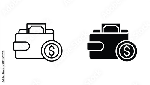 A set of icons featuring money, wallets, currencies, dollars, cards, coins, savings, loans, and cash, as well as symbols, web elements, and labels related to financial business. Editable.