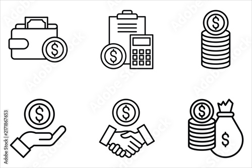 A set of icons featuring money, wallets, currencies, dollars, cards, coins, savings, loans, and cash, as well as symbols, web elements, and labels related to financial business. Editable.
