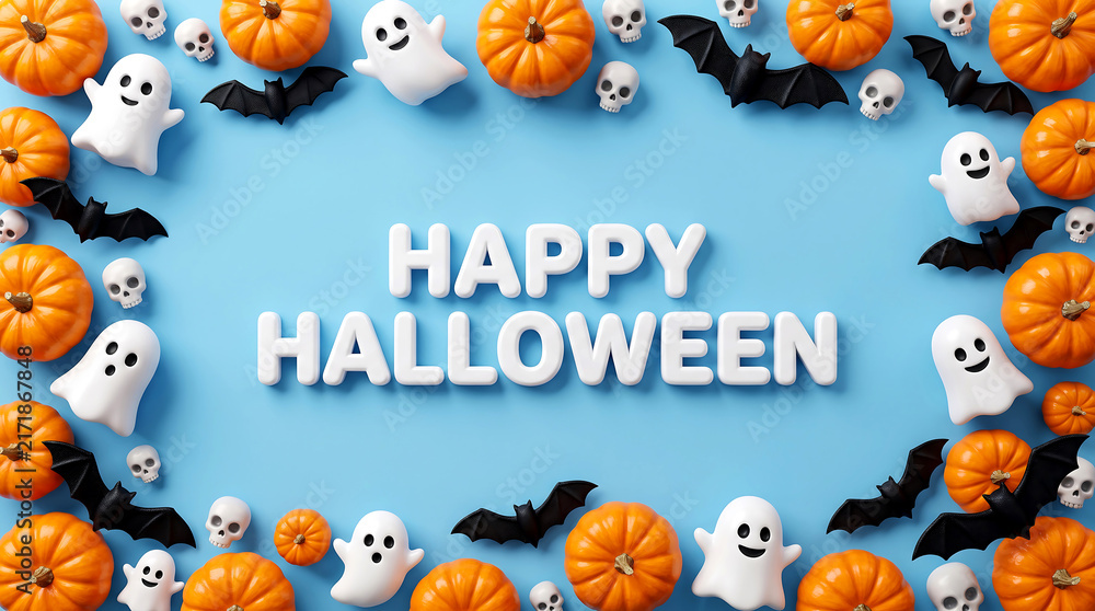 Fototapeta premium Happy halloween 3d text design with pumpkins, ghosts, and bats arranged on a blue background