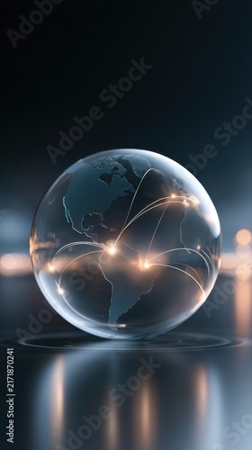 Transparent globe highlighting illuminated global communication routes spanning across continents in a futuristic technology concept with dark background reflec