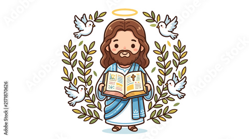 Cartoon Jesus holding open Bible with doves and halo.