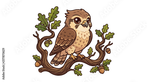 Cartoon owl perched on a branch with oak leaves.