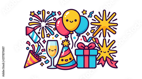 Colorful party celebration icons with balloons.