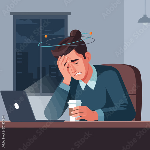 Overwhelmed Businessman Holding Head And Coffee Cup Late At Night