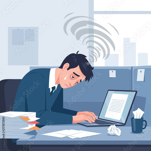 Overwhelmed Office Worker Drowning In Tasks And Stressful Workday