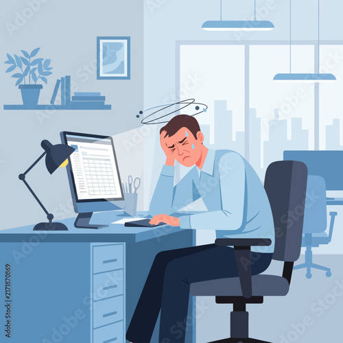 Overwhelmed Office Worker Facing Computer Screen Exhaustion And Stress
